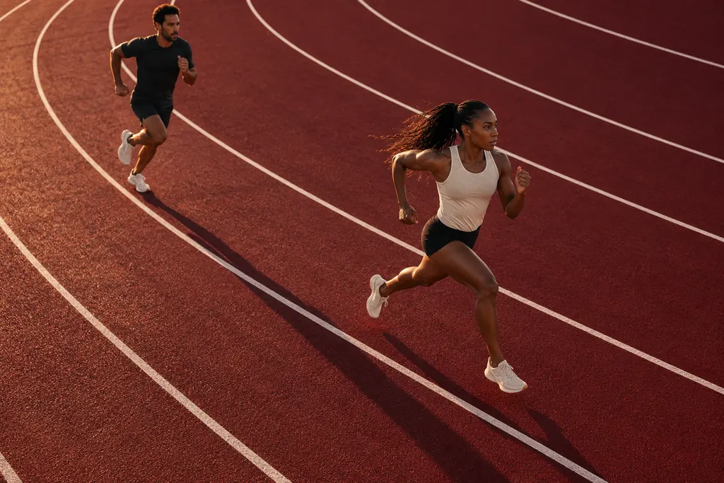 Two runners training together on a red track in the early morning light
